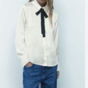 SATIN SHIRT WITH CONTRAST TIE - Oyster White ZARA Small Women
